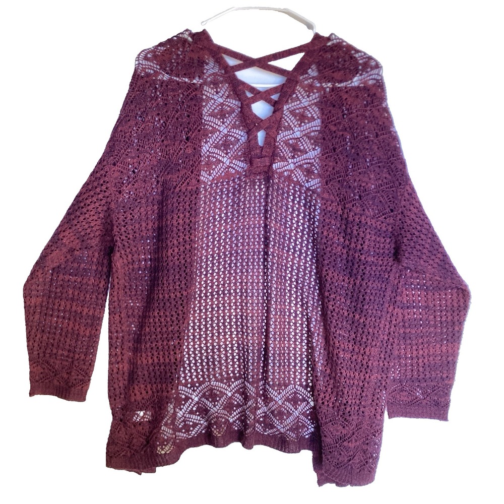 Cato Crochet Lace Up Back Cardigan Womens 18 20 Burgundy Open Front Sweater Plus